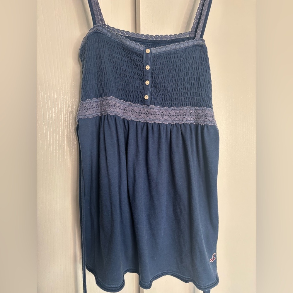 VTG Hollister Navy Smocked Babydoll Cami - Y2K Coquette L - Picture 2 of 6